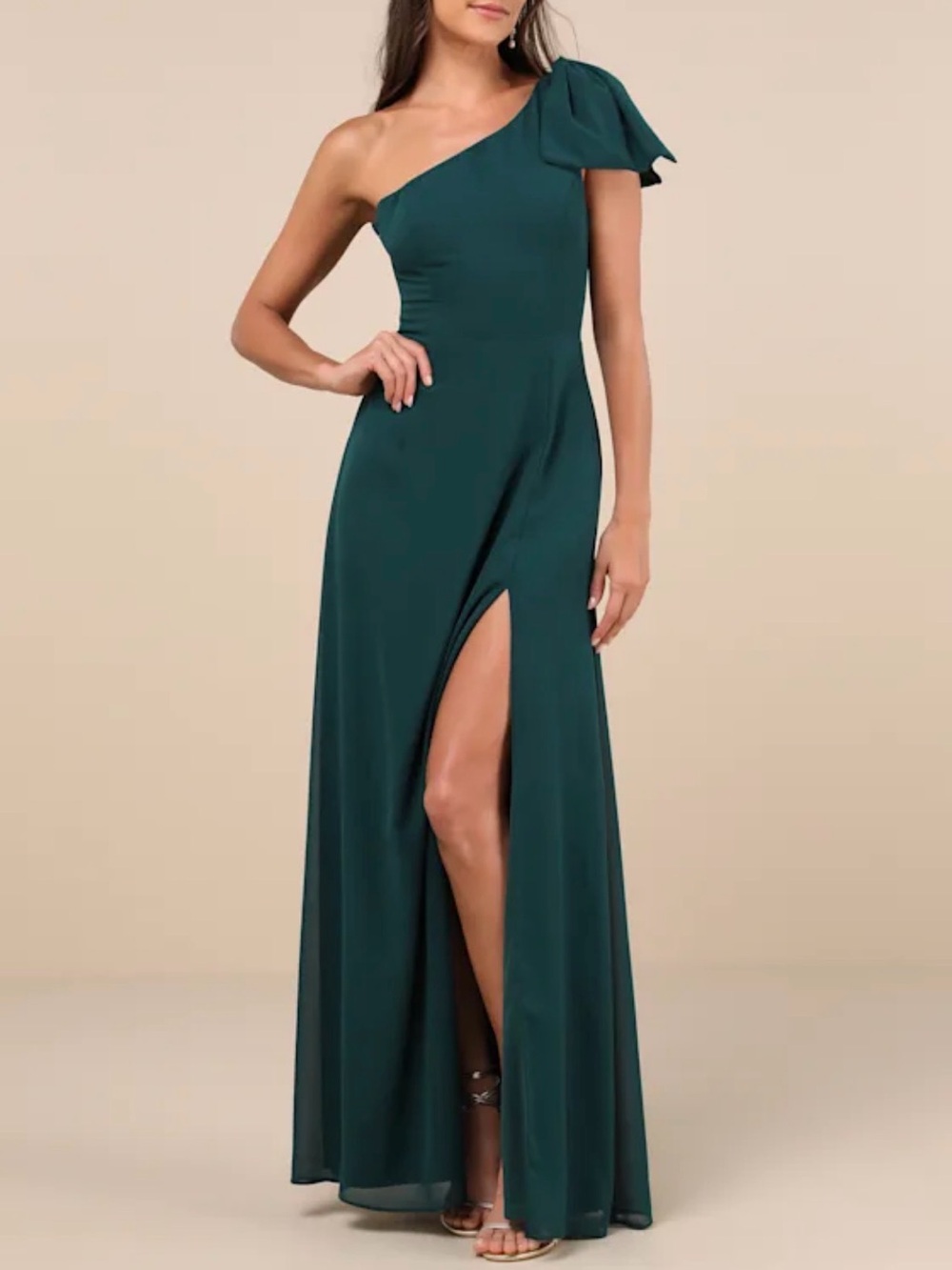 Lulus Women’s One Shoulder Maxi Dress Emerald Green Bow Detail Size Small New